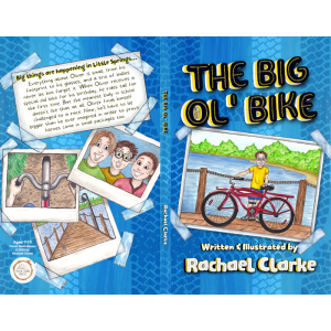 The Big Ol' Bike book cover, showing images of Oliver with his friends, and his red bike on a lake dock.