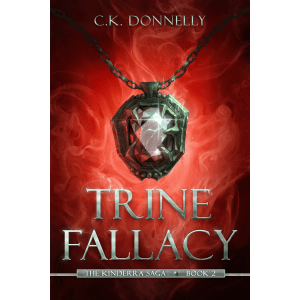 Trine Fallacy, The Kinderra Saga: Book 2; hematite amulet foreground on red flame background