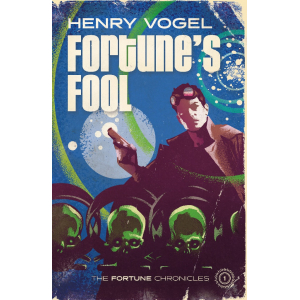 A pulp-style image of the main character, a trio of robotic heads, and faux wear simulating a 1960s paperback cover.
