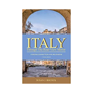 Image of welcoming Italian piazza partially hidden by blue strip with book title.