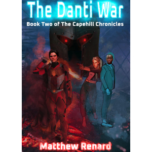 Three people stood ready for fighting. A medieval helmet looms in the background with red, glowing eyes