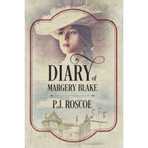 A young woman in Victorian dress and hat and in the background an old hall and the imprint of writing (her diary)