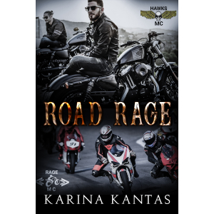 The top half of the cover shows two outlaw MC bikers sitting on their Harleys. Second half of the cover shows a group of superbikes racing. The title Road Rage is in between the two pictures.