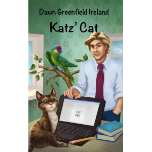 Katz' Cat by Dawn Greenfield Ireland / Picture of Jimmy Katz, Guppy his Amazon parrot, and Maddy, his kitten by a laptop with a chewed pencil nearby.