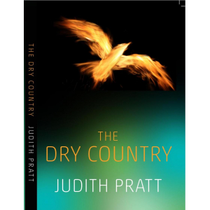 A golden bird flying against a black and green sky. Text: The Dry Country. Judith Pratt.