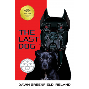 The Last Dog by Dawn Greenfield Ireland / black puppy with white on chest, and a large black robot dog with red eyes and spike collar / 2 award stickers