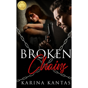 Woman in left corner, battered and bruised. Man on the right holding a gun. Two chains crossing over from the middle of the book to the bottom.