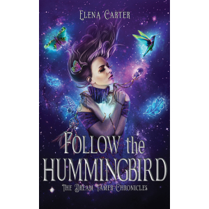 Follow the Hummingbird - image of a woman with her eyes closed, holding an amethyst necklace and a dreamcatcher, a hummingbird hovering in front of her