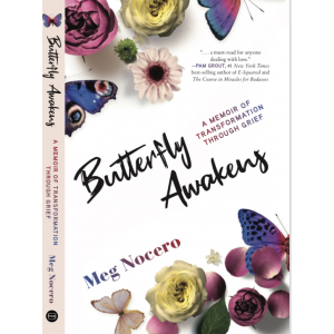 The words Butterfly Awakens against a white backdrop - with butterflies and flowers bursting with color on each diagonal corner
