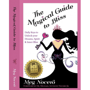 The Magical Guide to Bliss title with a woman facing backwards in a long black dress wearing a tiara with a wand. 