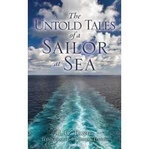 The view of the wake behind a cruise ship with clouds in the sky. Title at top of page "The Untold Tales of a Sailor at Sea"