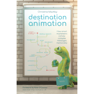 Book cover of Destination Anmation, showing an animated Salamander looking at a London tube-style roadmap depicting the animation process.