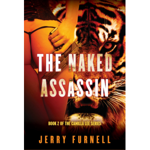 A sexy female assassin holding a gun behind a bare bottom, and a roaring tiger.