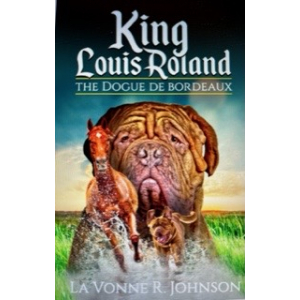 Beautiful depiction of a large FrenchMastiff with a very serious expression on his face while he is looking at a horse.