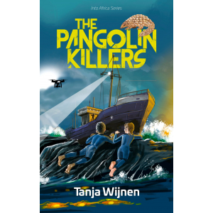 Cover of The Pangolin Killers, as uploaded on Amazon: Image of two children lying on a rock in rough seas, steering drone over ship wreck. A man with a gun is standing on the shipwreck.  Note: The Danish publisher that I have a contract with has advised that they will make a new, more modern cover. All the illustrations inside the book will stay. 