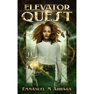 Picture of an African American woman holding a golden mace with magic energy around it, standing in front of an open elevator.