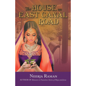 Mysterious, Indian woman reverentially holding a budding plant against a backdrop of a verandah of a colonial bungalow. Title on top of page. Author name and credit for previous book bottom of page. Back cover has continuation of veranda.