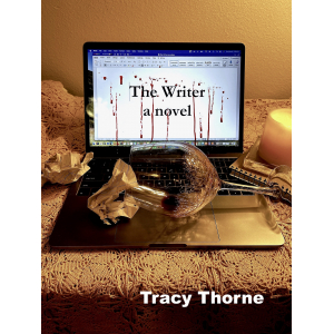 Bloody laptop and broken wine glass