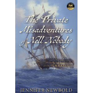 Eighteenth-century warship HMS AGAMEMNON opens fire on the French fleet, superimposed with title, 'The Private Misadventures of Nell Nobody.'
