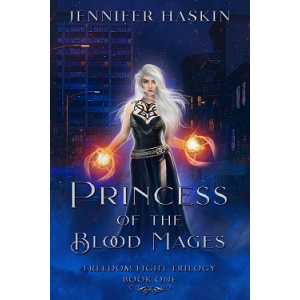 Girl in fancy dress with magic emanating from her hands and a dark cityscape behind her.