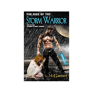 The Storm Warrior and the girl he has saved is on his storm world with his magic sword and the great moon behind him.