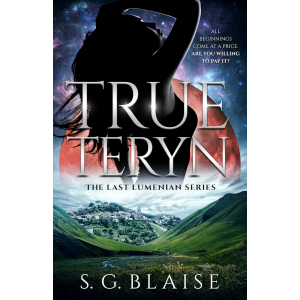 Beautiful princess rising from fortress on hillside with space and red planet visible behind her on the cover of True Teryn by S.G. Blaise.