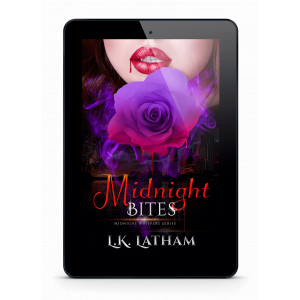 Cover of book with purple flower held below red lips of female vampire. Midnight Bites by L.K. Latham