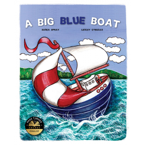 Big Blue Boat with large red and white sail on the rollicking frolicking sea