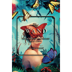 A woman's face is hidden behind a bright red butterfly, surrounded by more butterflies in a underwater aqua color.