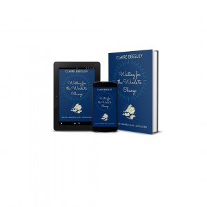 Book cover for Waiting for the Winds to Change, navy blue background with the title, author name and a drawn image of a cloud blowing in the wind picked out in cream