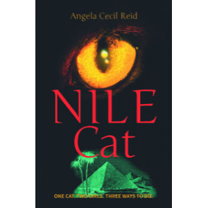 The cover shows a huge cat's eye peering out of a black sky above ghostly green pyramids. Nile Cat is printed in a large blood red font.