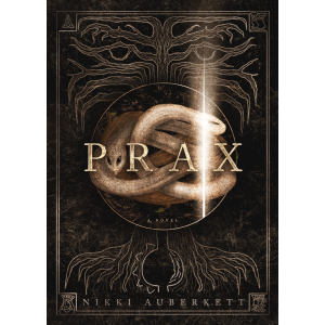 Book cover depicting a disconnected ouroboros serpent with the Tree of Life in the background, a beam of light, and the book's title, "Prax" by Nikki Auberkett.
