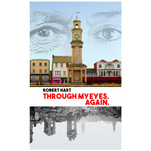 Herne Bay seafront and clocktower, old eye to the left, young eye to the right. Below as if reflected, an image of Leipzig in 1945
