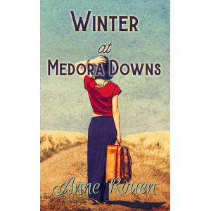 Cover of the novel Winter at Medora downs, showing a young woman walking along an Outback road with her luggage.
