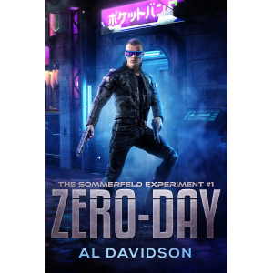 Young man in black clothing, holding two guns, futuristic cyberpunk background