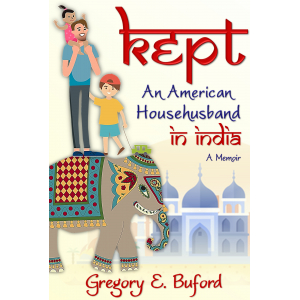 Book cover with elephant, Taj Mahal and man with kids.