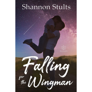 boy embracing girl in front of a blue and purple starry-night sky, title FALLING FOR THE WINGMAN and author name Shannon Stults in white font