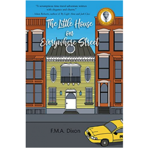 The cover depicts a small yellow house sandwiched between two larger dwellings.  A yellow NYC taxi cab in entering the street from the right of the cover.  Above, the sky is blue. 