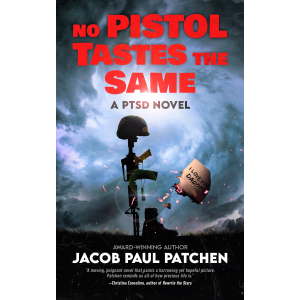 Title: No Pistol Tastes the Same. A battle cross sticks in the dark ground with storm clouds around it. A charred letter with "I love you Daddy" on it floats on the breeze.
